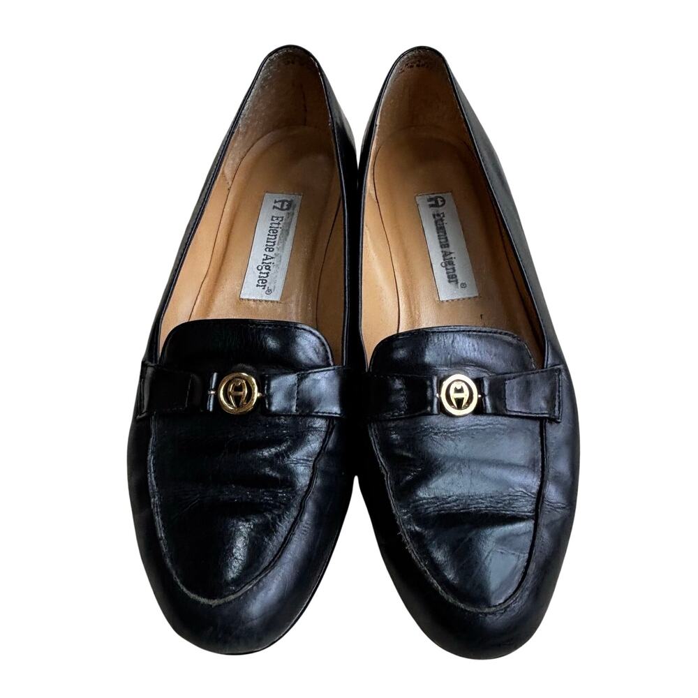 Vintage Etienne Aigner black leather loafers flats US ladies size 7.5M gold logo
